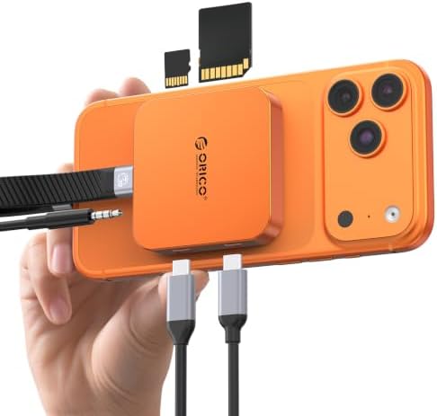 ORICO Ultra-Thin Magnetic SD Card Reader for iPhone 17/16/15 Series/iPad/MacBook, USB C Camera Adapter with SD/TF 3.0 Solt, 5Gbps USB-A, 3.5mm AUX, 100W PD Pass-Through by ORICO