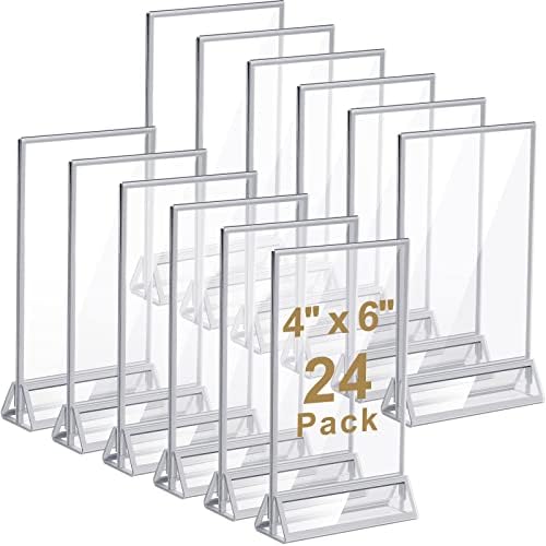 24 Pieces 4 x 6 Clear Acrylic Sign Holder with Silver Borders and Vertical Stand, Double Sided Table Menu Holders Picture Frames for Wedding Table Numbers, Restaurant Signs, Photos and Art Display by Chunful
