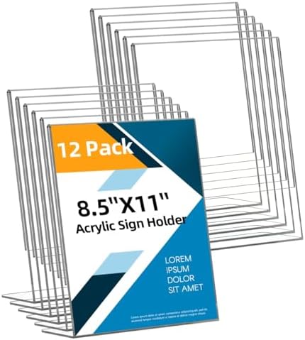 12 Pack Acrylic Sign Holder 8.5x11 Inches, Clear Plastic Table Paper Display Stand, L-Shape Vertical Menu Holder Stand, Clear Picture Photo Flyer Display Stand for Restaurants, Store, Office Desktop by Unknown
