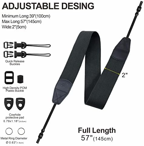 Padwa Lifestyle Black Camera Strap - 2" Wide Cotton Woven Genuine Leather Head Camera Straps,Complimentary 2 Pcs Quick Release Clips for All DSLR/SLR Cameras, Binoculars and Drone Remote Control - Image 6