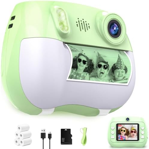 Kids Camera Instant Print 1080P Front Rear Dual Selfie - Toddler Cameras with Digital Video Games,32GB & 5-Color Print Paper/ 250 Photos,Easy to Use & Great Toys Gifts for Boys Girls, Ages 3-12 Green by Unknown