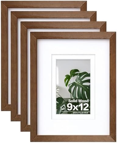 Egofine 9x12 Picture Frames Set of 4, Made of Solid Wood Covered by Plexiglass 5x7 and 6x8 with Mat or 9x12 without Mat, for Table Top Display and Wall Mounting Photo Frame,Walnut Brown by Egofine
