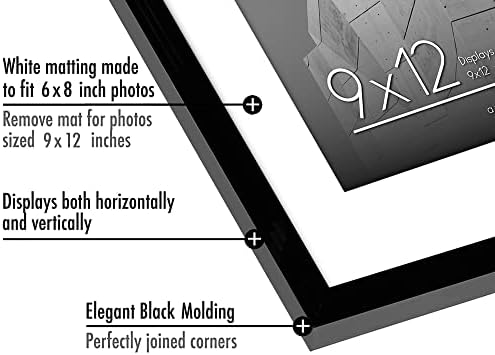 Americanflat 9x12 Picture Frame with Shatter-Resistant Glass - Set of 2 - Use as 6x8 Frame with Mat or Display 9x12 Photo Without Mat - Streamline Collection - Tabletop or Wall Display - Black - Image 3