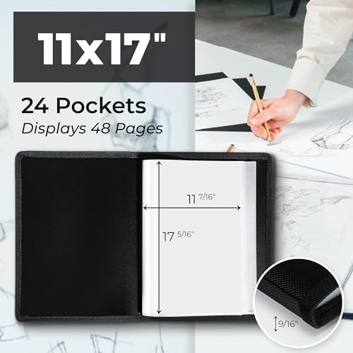 Dunwell 11x17 Art Portfolio Binder, 24-Sleeve, Black Mounting Paper, Black - Image 2