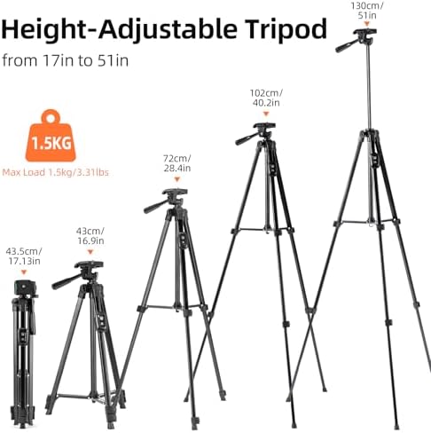 Fotopro Camera Tripod, 51'' Lightweight Portable Travel Tripods for Camera and Phone with 3-Way Head Remote Control Cellphone Holder Travel Bag, Aluminum Phone Tripod Stand for Recording LiveStreaming - Image 2