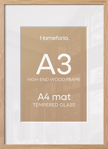 Homeforia A3 Natural Oak Picture Frame, High-End Wood, A4 Mat, Glass by Homeforia