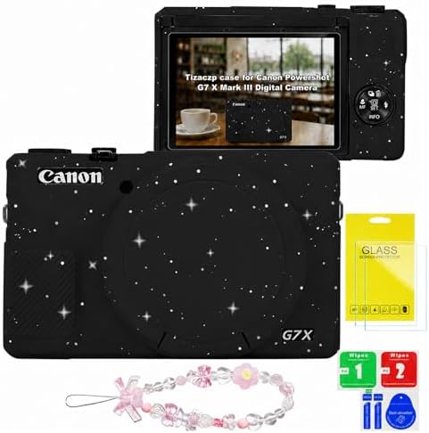 Cute Camera Case for Canon G7X Mark III,Silicone Protective Cover with Removable Lens Cap,Bracelet Wrist Strap & 2 Pack Tempered Glass Screen Protector for Women (Blcak Star) by Tizaczp
