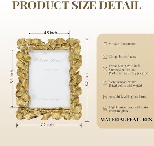 Cuspin 5x7 Picture Frame Gold Vintage Ornate Ginkgo Leaf Resin Photo Frame - Image 5