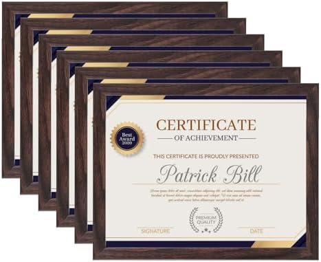 8.5x11 Picture Frame Set of 6, Certificate Document Frame, Diploma Frame, Display Pictures 8.5x11 Without Mat, Brown by BSRHOME