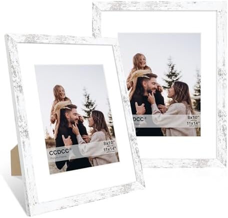 11x14 Picture Frame Set of 2, 11 x 14 Wood Photo Frames with Mat for 8x10, Rustic Natural Wooden Frame with Real Glass Cover for Wall and Tabletop Display,Distressed White by CCDCC