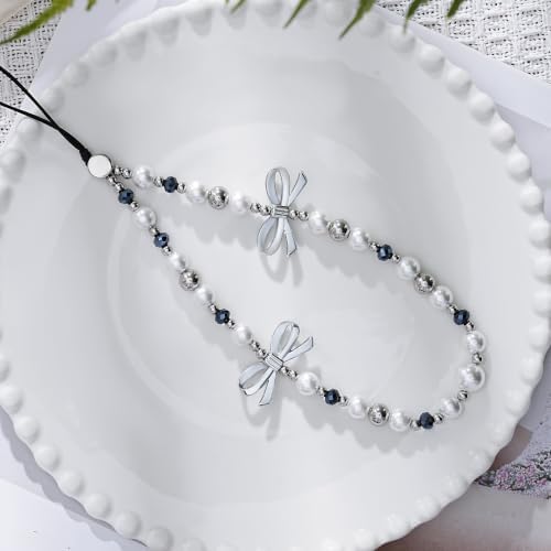 Cell Phone Charm Strap Pearl Beaded Elegant Dark Crystal Camera Lanyard Wrist Luxury Aesthetic Cute Chain Bracelet Handmade Chic Wristlet Accessories for iPhone Samsung Women Girls Silver Bow Faux - Image 5