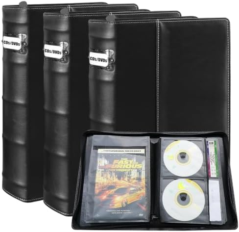 CD DVD Storage Binder 3 Pack, Holds 168 Discs and 84 Booklets with Tag Slots, Portable Media Disc Organizer for Blu ray, Music, Video Games, Home Collection and Car (Black Pages) by PUTNATRUE