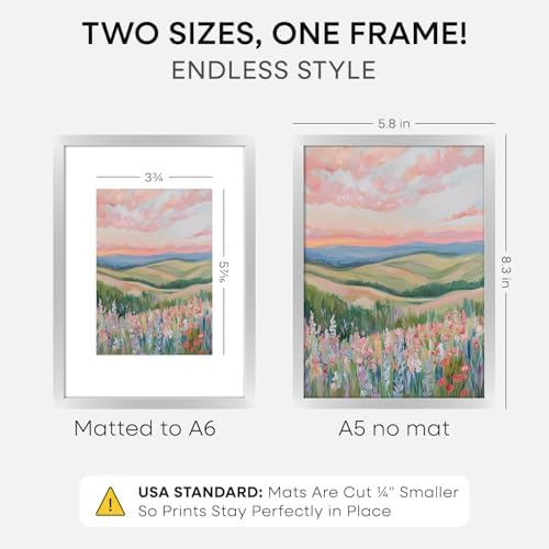 Homeforia A5 Silver Picture Frame, High-End Metal, A6 Mat, Glass - Image 2