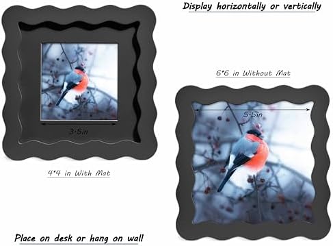 6x6 Black Picture Frame with Mat for 4x4, Curved Wavy Edge Deco Wooden Real Glass, Vertical or Horizontal Display Photo Gallery Wall & Tabletop Frame - Image 3