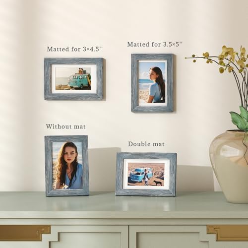 Egofine 4x6 Picture Frames Set of 4, Made of Solid Wood Covered by Plexiglass 3x4.5 and 3.5x5 with Mat or 4x6 without Mat, for Table Top Display and Wall Mounting Photo Frame, Rustic Blue - Image 5