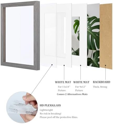 Egofine 12x16 Picture Frames Set of 4, Made of Solid Wood Covered by Plexiglass 9x12 and 11x14 with Mat or 12x16 without Mat, for Wall Mounting Photo Frame Light Grey - Image 4