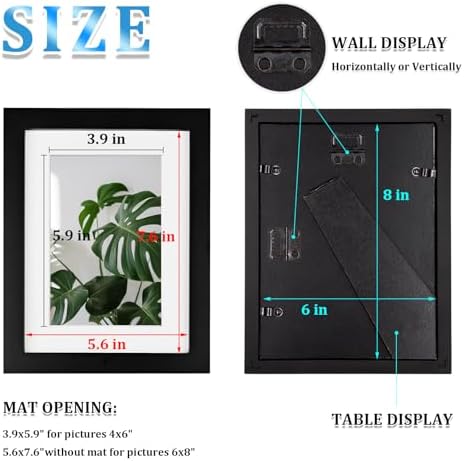 Egofine 6x8 Picture Frames Set of 4, Made of Solid Wood Covered by Plexiglass 4x6 and 5x7 with Mat or 6x8 whitout Mat, for Table Top Display and Wall Mounting Photo Frame Black - Image 3