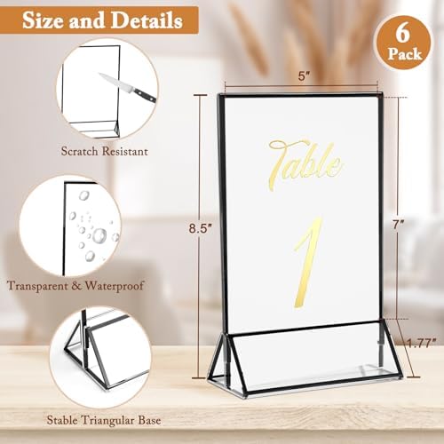 Floroom 6 Pack 5x7 Inch Clear Acrylic Sign Holders, Double-Sided Black Display Stand Picture Frames for Table Numbers, Menus, Flyers, Weddings, and Offices - Image 2