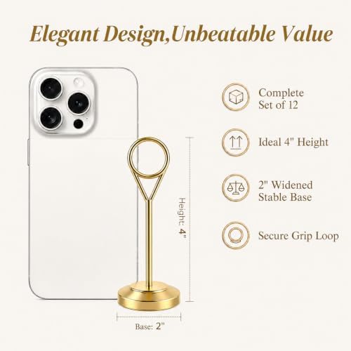 Radezon 12 Pcs Gold Table Number Holders, 4 Inch Tall Place Card Holders for Table, Sturdy Photo Picture Holders with Anti-Tip Base for Wedding Reception, Party, and Event Centerpiece - Image 2