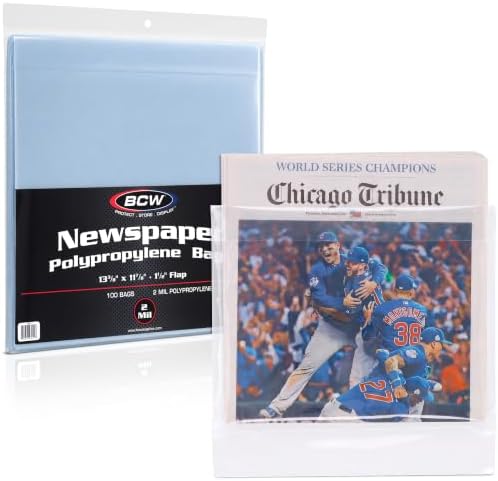 BCW Newspaper Bags – 100ct | Acid-Free Newspaper Protector Sleeves | 13 3/8" x 11 7/8" | 1½" Fold-Over Flap Closure | Clear Archival Newspaper Storage Bags by BCW