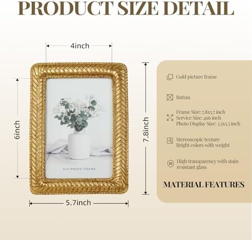Cuspin 4x6 Gold Picture Frame, Vintage Decorative Rattan Resin Photo Frame - Image 4