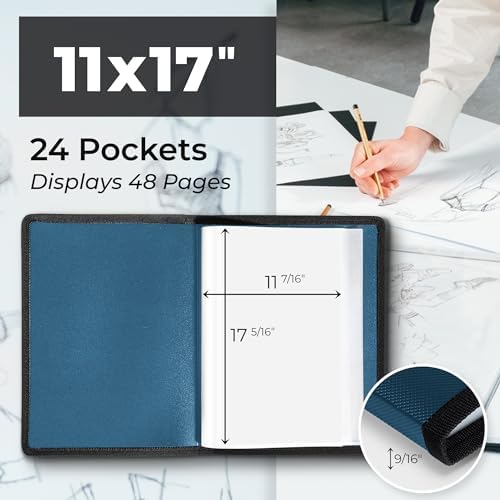 Dunwell 11x17 Art Portfolio Binder, 24-Sleeve, Black Mounting Paper, Blue - Image 2