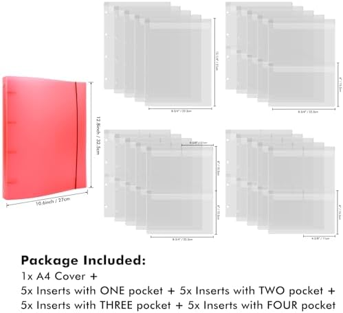 A4 Dies and Stamps Storage Book Binder Folder, Page Protectors Pockets Inserts Organizer for Cutting Dies Stencil Album Stamp Crafts, 1Pcs Red Storage Book Cover & 20 Inserts with 1/2/3/4 Pockets - Image 4