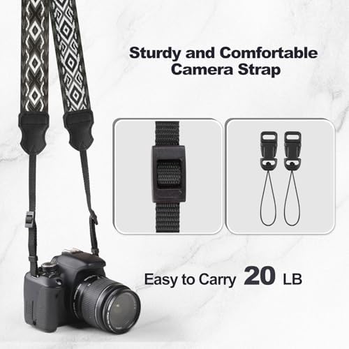 Universal Camera Strap - Camera Neck Strap, Adjustable Shoulder Straps Compatible with Canon, Fujifilm, Nikon, Olympus, Panasonic and other SLR and mirrorless cameras - Black Grey White Rhombus - Image 6