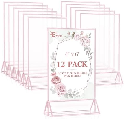 EHWINE 12 Pack Acrylic Sign Holder 4 x 6, Double-Sided Stand up Table Top Sign Holders, Pink Acrylic Picture Frame Menu Flyer Paper Holder Display Stand for Office Business Store Wedding Party by EHWINE