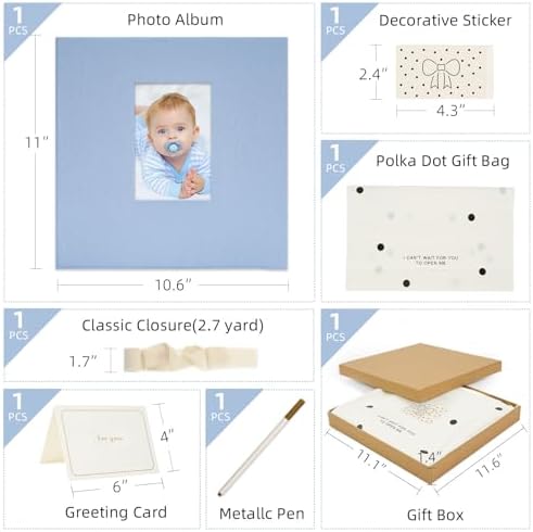 Vienrose Self Adhesive Photo Album Gift Set, Linen Cover Scrapbook with DIY Window, Holds 4x6 5x7 8x10 Photos, 30 Sheets 60 Pages for Family Wedding Baby, Includes Pen, Card, Lace Strap, Blue - Image 3