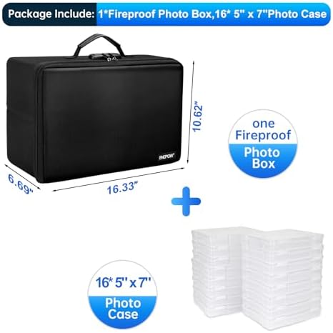 ENGPOW Fireproof Photo Storage Box 5" x 7" Photo Case(Clear),16 Inner Photo Keeper Organizer with Lock, Collapsible Portable Acid-Free Photo Storage Container with Handle for Picture, Valuables - Image 2
