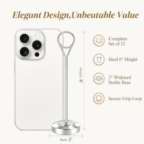 Radezon 12 Pcs Silver Table Number Holders, 6 Inch Tall Place Card Holders for Table, Sturdy Photo Picture Holders with Anti-Tip Base for Wedding Reception, Party, and Event Centerpiece - Image 2