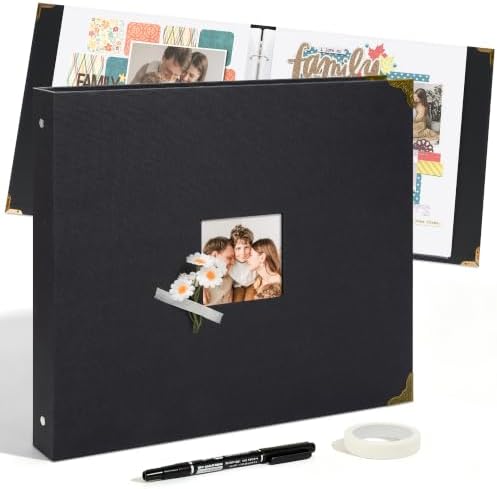 Vienrose Large 3 Ring Scrapbook Album 14.2 x 13 Inch, Textured Paper Cover DIY Photo Album with 20 Plastic Sleeves for Photos Baby Travel Wedding Anniversary Black by Vienrose