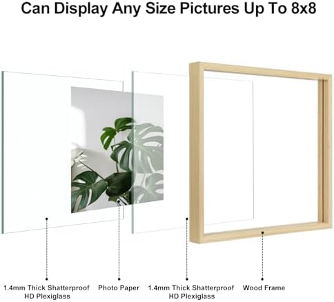 Egofine 8x8 Floating Frames Set of 2, Double Plexiglass Picture Frame, Made of Solid Wood Display Any Size Photo up to 8x8, Wall Mount or Tabletop Standing, Natural Wood - Image 3