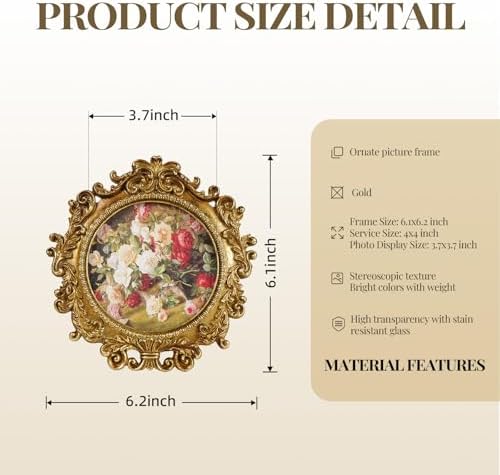 Cuspin 4x4 Picture Frame Gold Vintage Round Floral Resin Frame - Image 4