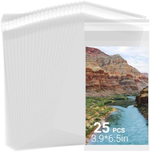 25 Pack Archival Photo Sleeves 3.9x6.5" - Acid Free Crystal Clear Plastic Bags Self Adhesive, Clear Paper Sleeves Protector, Plastic Covers for Paper Photo Prints Cardstock by Svaldo