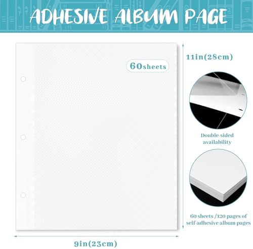 VOKOY 60 Sheets/120 Pages Photo Album Pages for 3 Ring Binder, Self Adhesive Scrapbooking Album Refill Pages Replacement Photo Album Sheets for 2x3 4x6 5x7 8x10 Photo or Cards, 11 x 9 Inch - Image 2