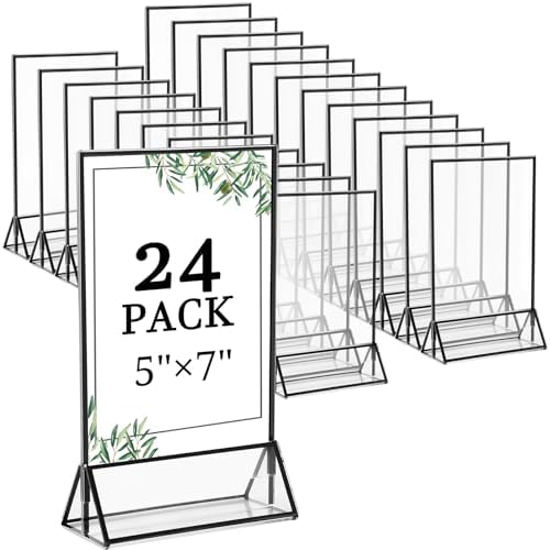 Floroom 24 Pack 5x7 Inch Clear Acrylic Sign Holders, Double-Sided Black Display Stand Picture Frames for Table Numbers, Menus, Flyers, Weddings, and Offices by Floroom
