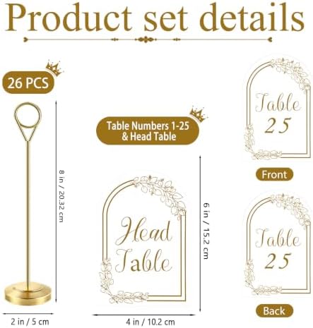 Radezon 26 PCS Gold Table Number Holders With Table Numbers 1-25 & Head Table Card, 8" Weighted Base Place Card Holders for Outdoor Wedding, Windproof Sturdy Metal Photo Stands for Reception Tables - Image 2