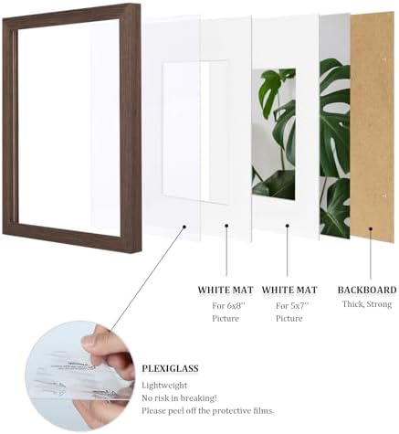 Egofine A4 Picture Frames Set of 4, Made of Solid Wood Covered by Plexiglass 5x7 and 6x8 with Mat or A4 without Mat, for Table Top Display and Wall Mounting Photo Frame Brown - Image 4