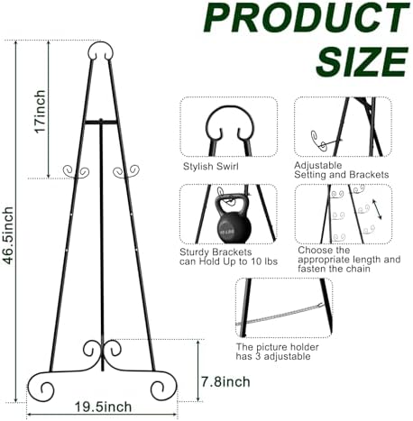 46" H Metal Round Tube Scroll Display Easel, Classic Black Decorative Large Adjustable Floor Standing Easel with Chain Support, Perfect for Showcasing Pictures, Artwork, Picture Frame Wedding Sign Etc - Image 6