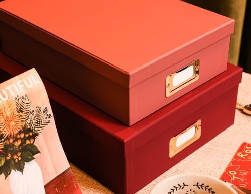2-Piece Decorative Storage Boxes with Lids with Gold Label Holders, Two-tone Red Design, Stackable Cardboard Document Storage Boxes for Office, Home, Photos, Files and Keepsake Box - Image 3