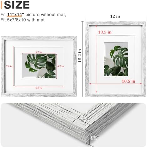Egofine 11x14 Picture Frames Set of 4, Made of Solid Wood Covered by Plexiglass 5x7 and 8x10 with Mat or 11x14 without Mat, for Table Top Display and Wall Mounting Photo Frame Driftwood White - Image 3