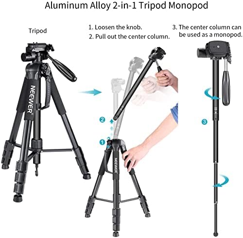 NEEWER Portable Aluminum Alloy Camera 2 in 1 Tripod Monopod Max. 70"/177cm with 3 Way Swivel Pan Head and Carrying Bag for DSLR, DV Video Camcorder (SAB264, Black) - Image 2