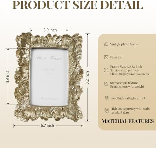 Cuspin Gold Vintage 4x6 Picture Frame Palm Leaf Textured Resin Photo Frame - Image 4
