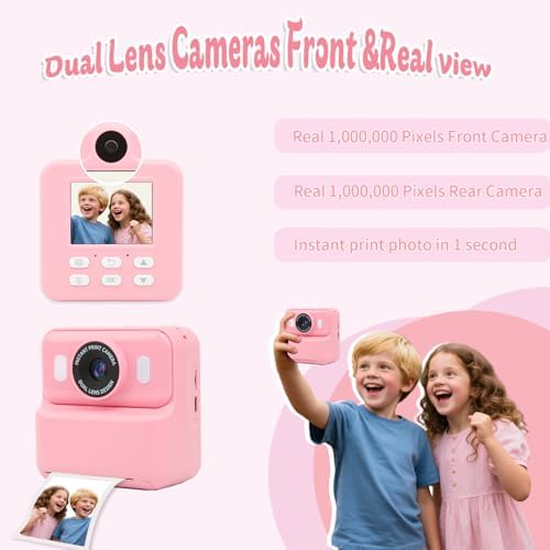 Kids Instant Print Camera,32GB Card, Dual Lens 1080P HD Video Camera for Boys Girls, Thermal Print Toy Camera, 16X Zoom, 2.4" IPS Screen, Puzzle Games, Christmas Birthday Gift for Kids 3-12 (Pink) - Image 3