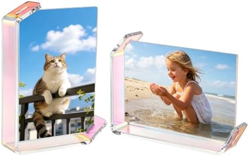 4x6inch L Shaped Acrylic Picture Frame, 2 Pack Double Sided Floating Photo Stand for Tabletop, Horizontal Vertical Display Holder Home Office Decor Family Wedding Anniversary, Iridescent by Cosics