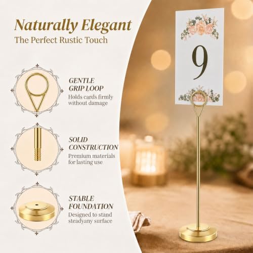 Radezon 12 Pack Gold Table Number Holders, 10inch Weighted Base Place Card Holders for Outdoor Wedding, Windproof Sturdy Metal Photo Stands for Reception Tables, Parties & Events - Image 3
