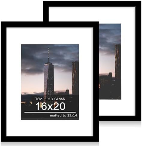 16x20 Poster Frame Set of 2, 16 x 20 Wood Picture Frames with Mat for 11x14, Wooden Photo Frame with Tempered Glass Cover for Wall Mounting Display, Black by CCDCC
