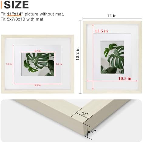 Egofine 11x14 Picture Frames Set of 4, Made of Solid Wood Covered by Plexiglass 5x7 and 8x10 with Mat or 11x14 without Mat, for Table Top Display and Wall Mounting Photo Frame Beige - Image 3